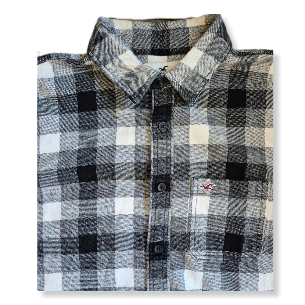 Hollister Men's Shirt Gray White Flannel Check Button Up Long Sleeves Si…